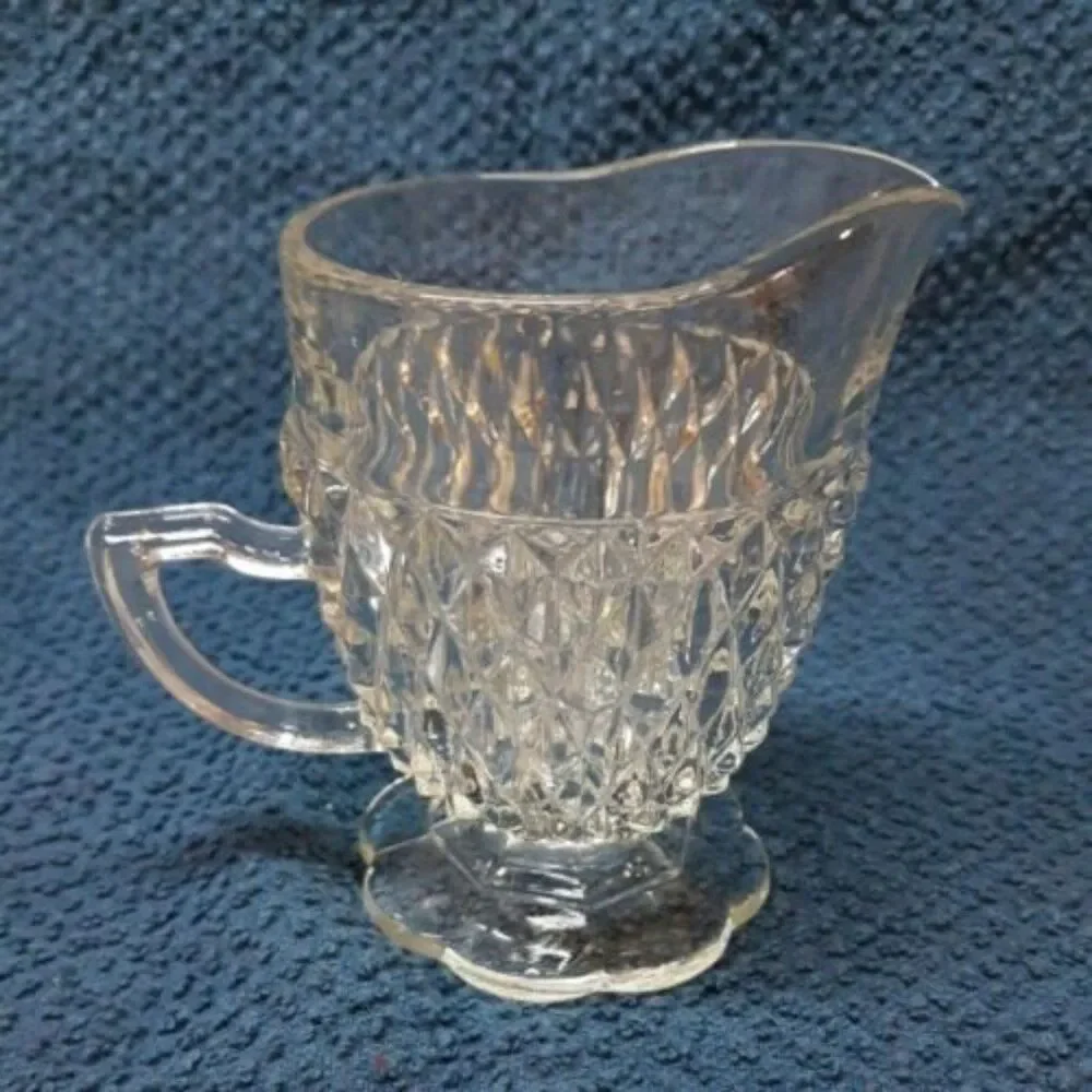 Indiana Glass Diamond Point Crystal Pressed Glass Sugar & Creamer Set Scallop